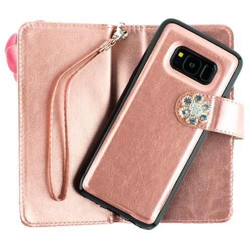 Pink Flower Bling Detachable Wallet Samsung S8 Plus - Bling Cases.com