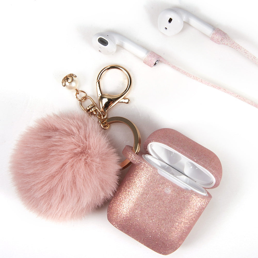 Furry Ball Rose Gold Airpods 1/2 - Bling Cases.com