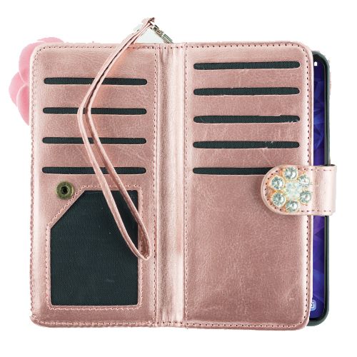 Handmade Pink Flower Bling Wallet Detachable Samsung S9