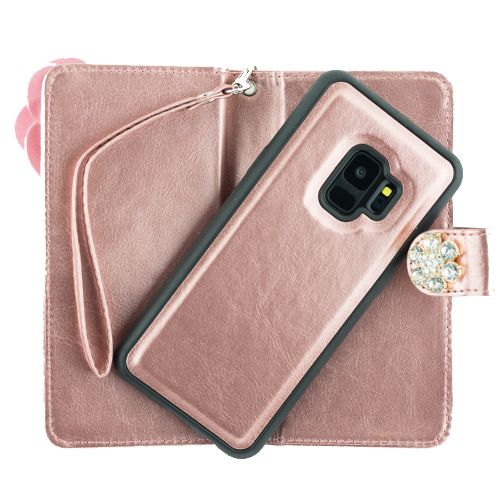 Handmade Pink flower Bling Wallet Detachable Samsung S9 Plus