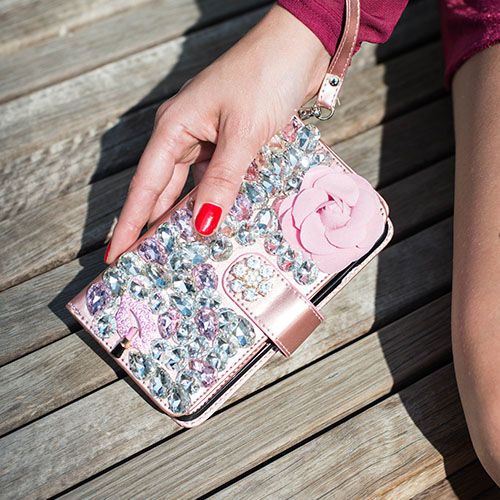 Handmade Pink flower Bling Wallet Detachable Samsung S9 Plus